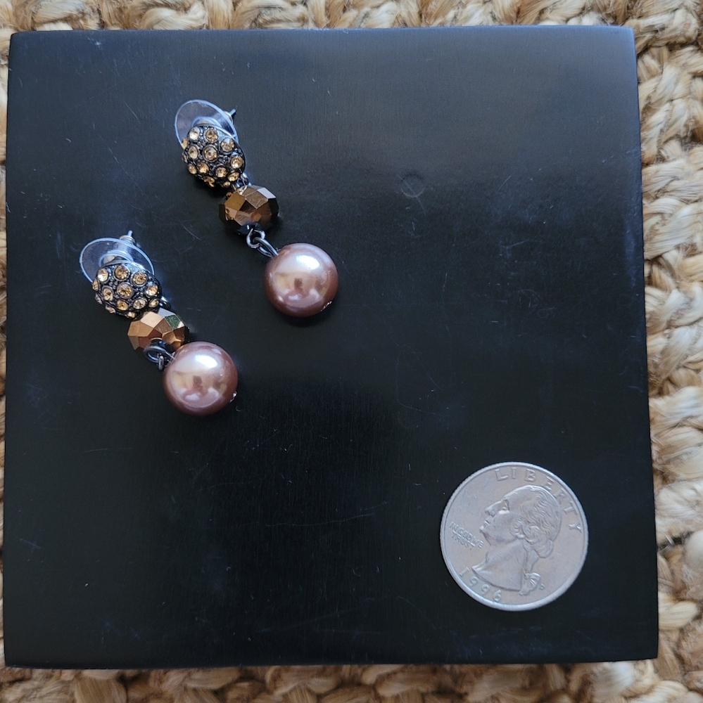 Monet dusty blush and champagne bead and faux pearl dangle earrings - Picture 1 of 3